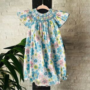Princess Lib Multicolor Spring Floral Smocked Embroidered Bubble Romper Size 9M
